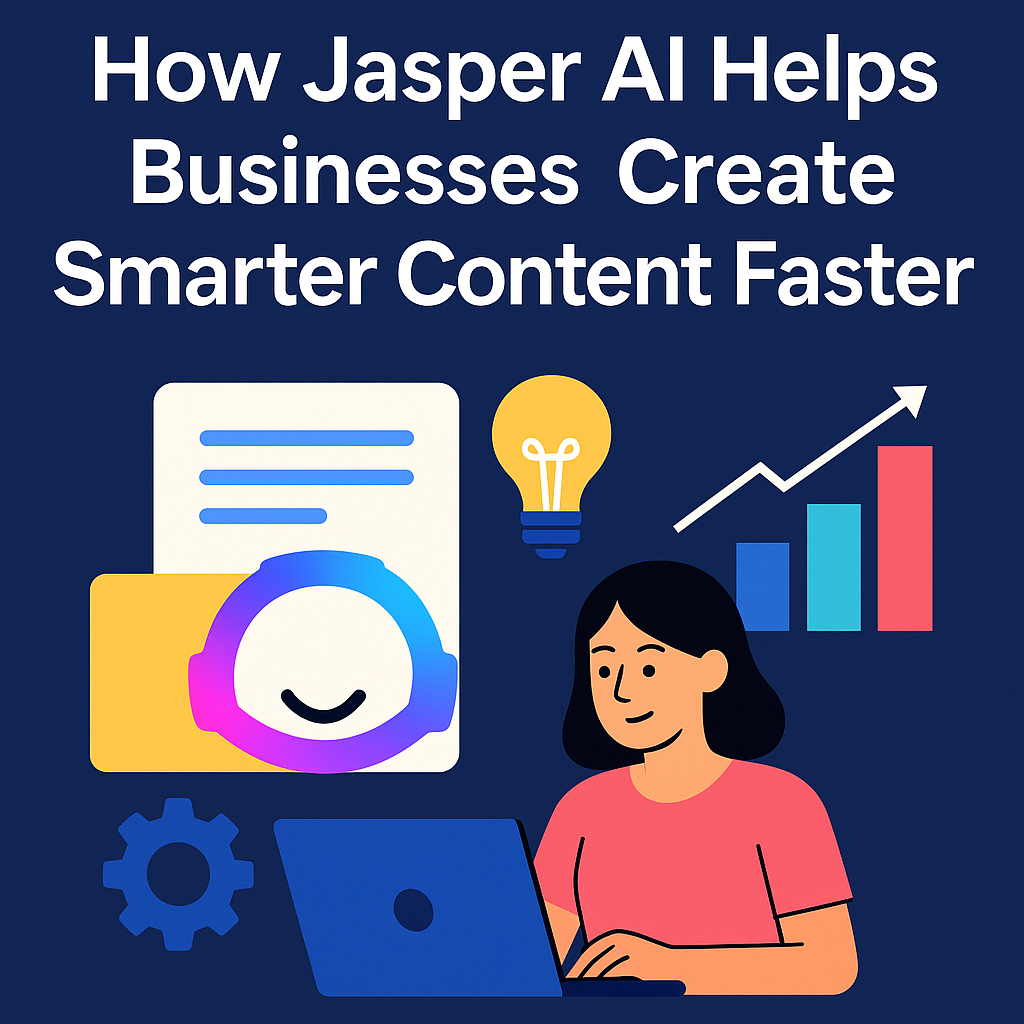 Illustration of a woman working on a laptop surrounded by the Jasper AI logo, a rising bar chart, a lightbulb, and a gear icon, with the headline “How Jasper AI Helps Businesses Create Smarter Content Faster” in bold white text on a deep blue background.