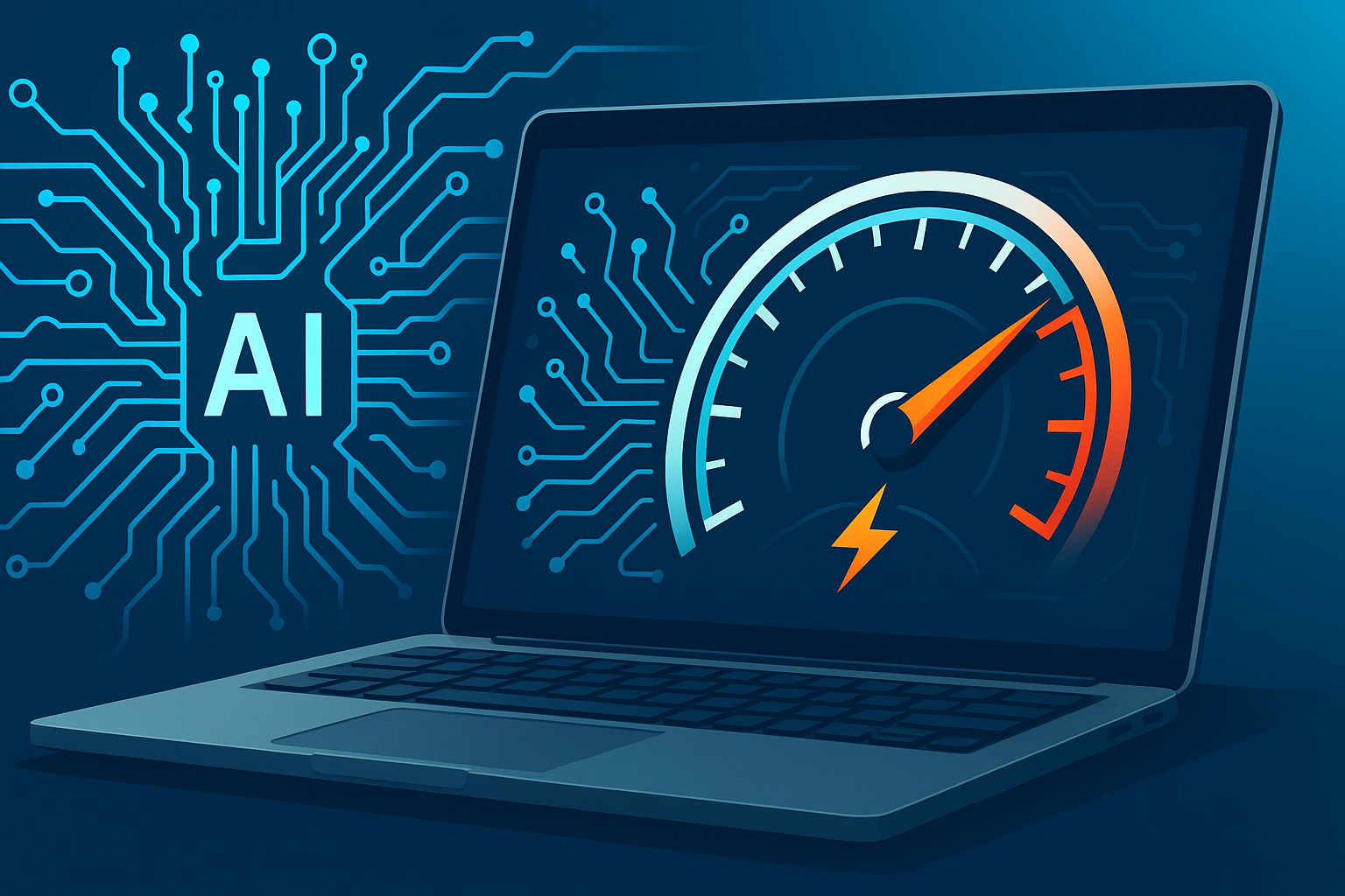 A sleek laptop displaying a glowing speedometer gauge overlaid on AI circuitry, symbolizing rapid, AI-driven performance optimization.